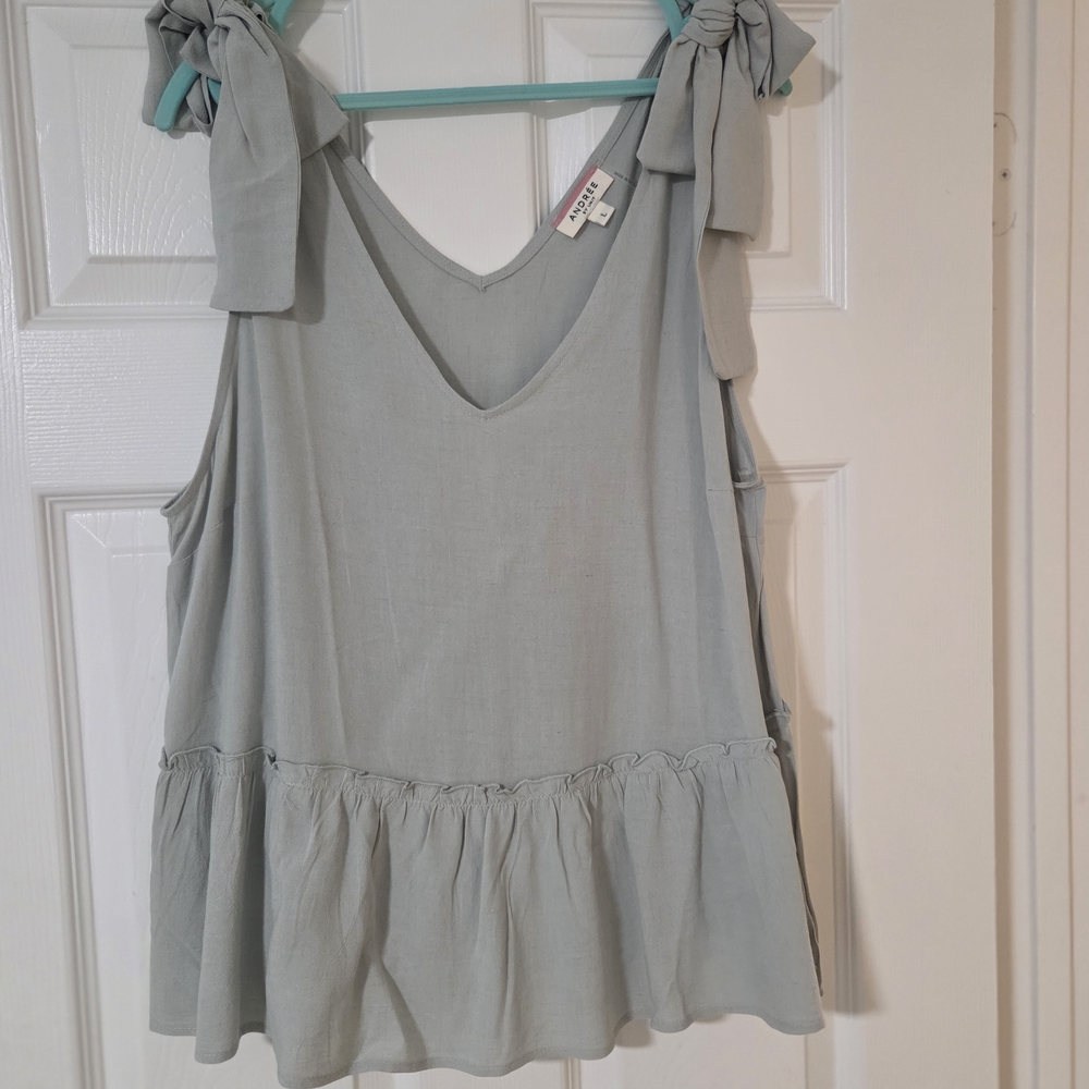 Andree Light Sage Tie-Shoulder V-Neck Ruffle Tank. Boho Chic Feminine Summer. L